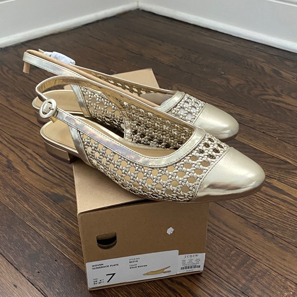 NIB J. Crew Metallic Gold Woven Slingback Flats Sz 7